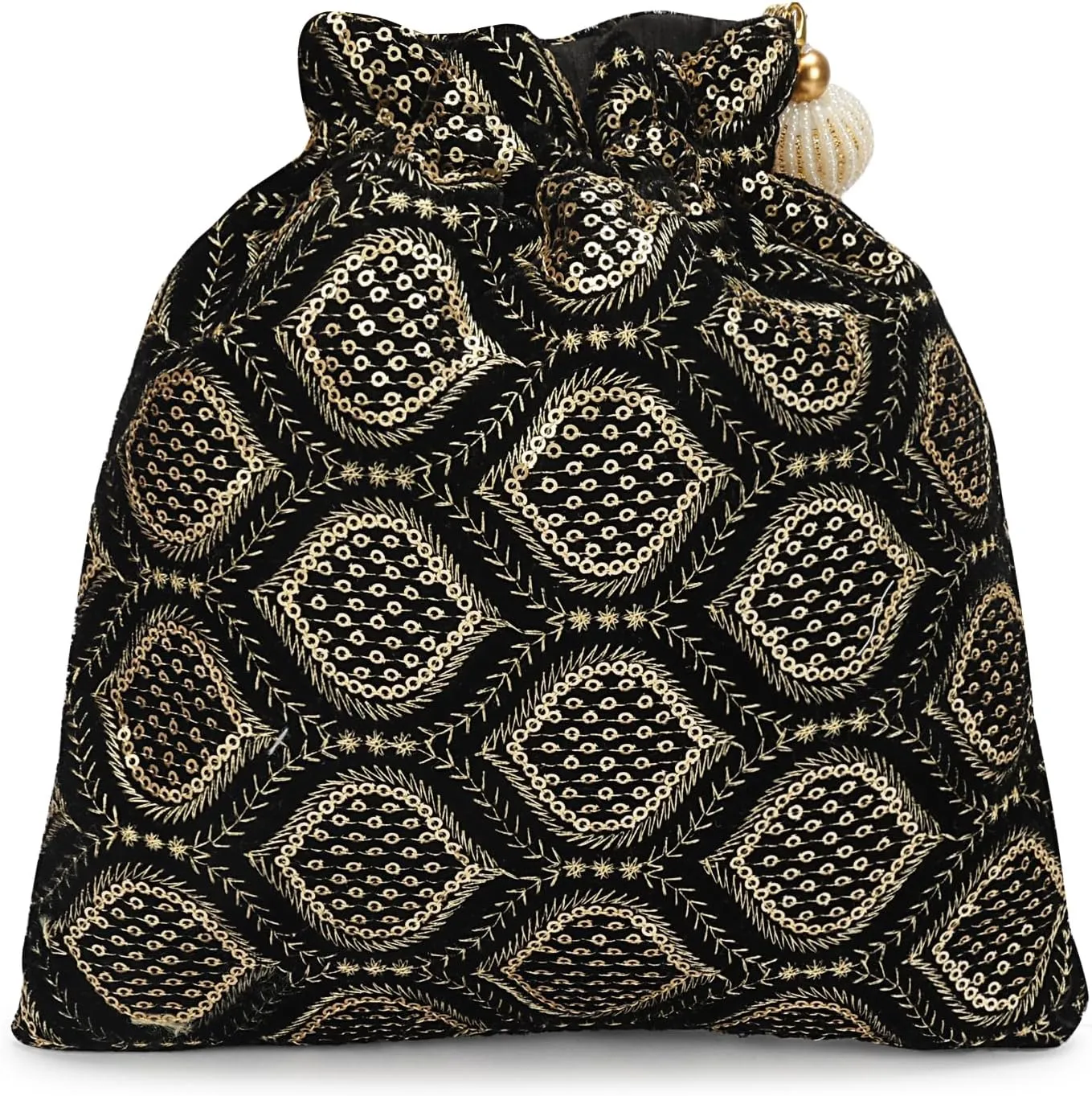 LONGING TO BUY Indian Embroidered Pearl Potli Bag For Women, Sequence Design with Tassel, Wedding Potli Bags