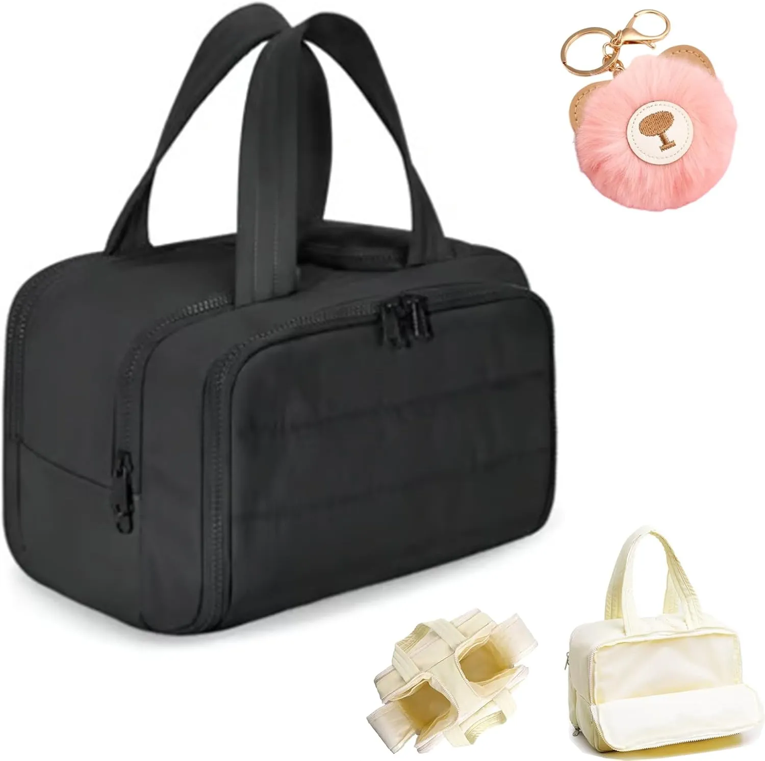 LONGLUAN Curetoaway Travel Cosmetic Bag, Meonsopoli Large Capacity Wide-Open Travel Cosmetic Bag for Women with 4 Compartments, Lightweight Waterproof (Black)