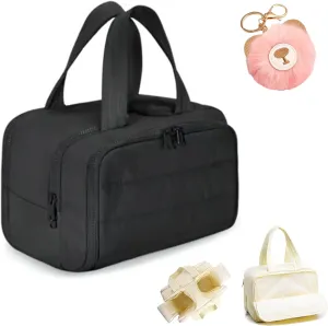 LONGLUAN Curetoaway Travel Cosmetic Bag, Meonsopoli Large Capacity Wide-Open Travel Cosmetic Bag for Women with 4 Compartments, Lightweight Waterproof (Black)
