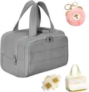 LONGLUAN Curetoaway Travel Cosmetic Bag, Meonsopoli Large Capacity Wide-Open Travel Cosmetic Bag for Women with 4 Compartments, Lightweight Waterproof (Gray)
