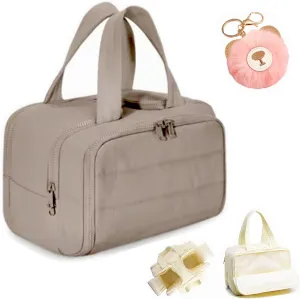 LONGLUAN Curetoaway Travel Cosmetic Bag, Meonsopoli Large Capacity Wide-Open Travel Cosmetic Bag for Women with 4 Compartments, Lightweight Waterproof (Khaki)