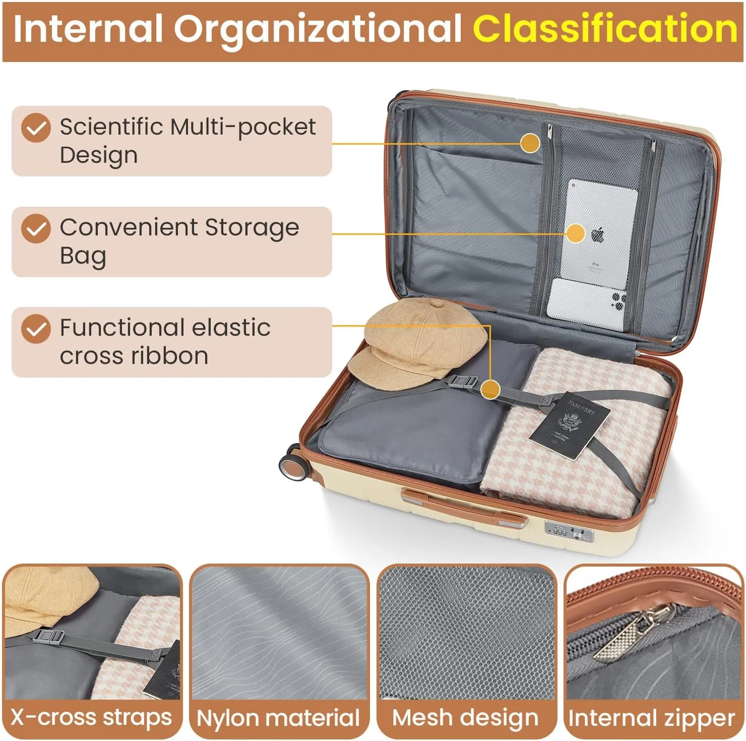 Luggage Sets 4 Piece(14/20/24/28) Durable Expandable suitcase, Hard Shell Lightweight TSA Lock Carry on Expandable Suitcase with Spinner Wheels Travel Set for Men Women (Apricot Cream)