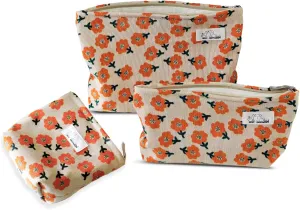 Makeup Bag Set 3 Cosmetic Toiletry Organizer Zipper Pouch for Purse Tote, Women Girls Gift, Large Medium Small, Beige Orange Floral Corduroy