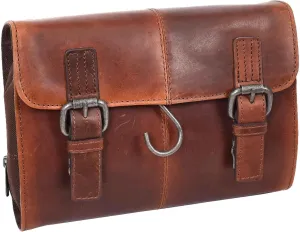 Mens Leather Wash Bag Hanging Cosmetics Toiletry Shaving Kit Travel Bag Link, Brown, Small, Wash Bag
