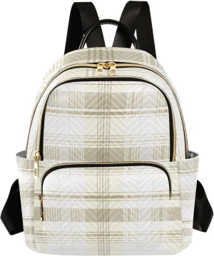 Mini Backpack for Women Beige Plaid Pattern White Small Purse Daypacks Stylish Bags Lightweight Travel Backpacks for College Shopping Work Dating