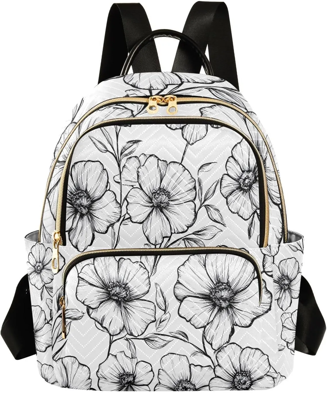 Mini Backpack for Women Black and White Line Flowers Small Purse Daypacks Stylish Bags Lightweight Travel Backpacks for College Shopping Work Dating