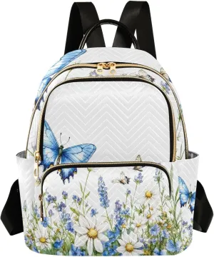 Mini Backpack for Women Blue Butterfly Flowers Field Small Purse Daypacks Stylish Bags Lightweight Travel Backpacks for College Shopping Work Dating