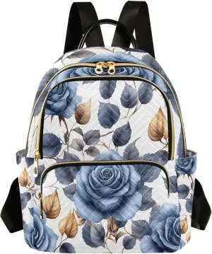 Mini Backpack for Women Blue Flower Black Leaves Pattern Small Purse Daypacks Stylish Bags Lightweight Travel Backpacks for College Shopping Work Dating