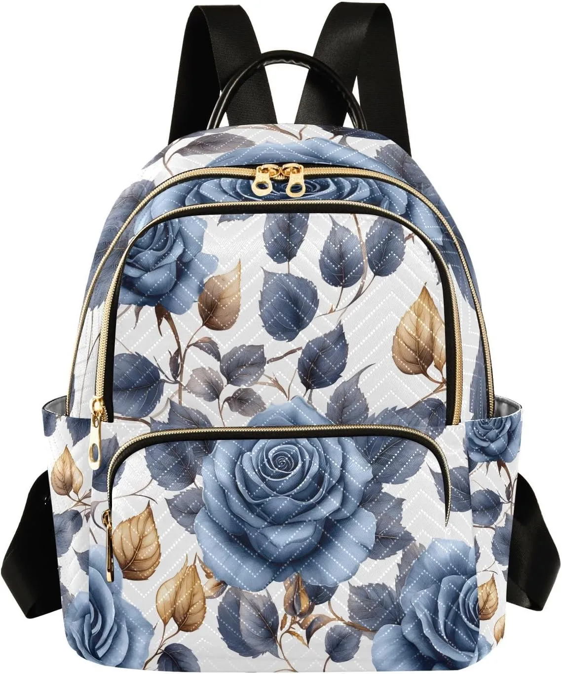 Mini Backpack for Women Blue Flower Black Leaves Pattern Small Purse Daypacks Stylish Bags Lightweight Travel Backpacks for College Shopping Work Dating