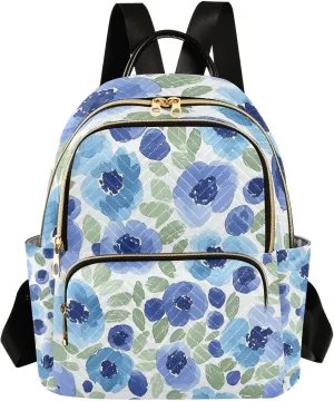 Mini Backpack for Women Blue Flower Green Leaves Pattern Small Purse Daypacks Stylish Bags Lightweight Travel Backpacks for College Shopping Work Dating