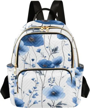 Mini Backpack for Women Blue Flowers Leaves Pattern Small Purse Daypacks Stylish Bags Lightweight Travel Backpacks for College Shopping Work Dating