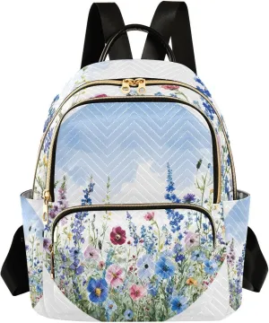 Mini Backpack for Women Blue Flowers Wildflower Field Small Purse Daypacks Stylish Bags Lightweight Travel Backpacks for College Shopping Work Dating