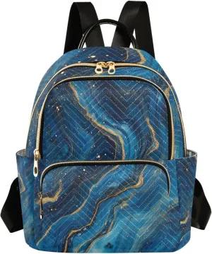 Mini Backpack for Women Blue Gold Marble Ombre Pattern Small Purse Daypacks Stylish Bags Lightweight Travel Backpacks for College Shopping Work Dating