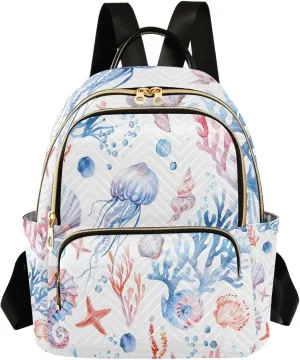 Mini Backpack for Women Blue Jellyfish Seahorse Coral Shells Small Purse Daypacks Stylish Bags Lightweight Travel Backpacks for College Shopping Work Dating