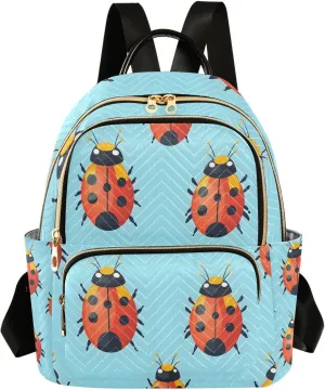 Mini Backpack for Women Blue Red Ladybugs Pattern Small Purse Daypacks Stylish Bags Lightweight Travel Backpacks for College Shopping Work Dating