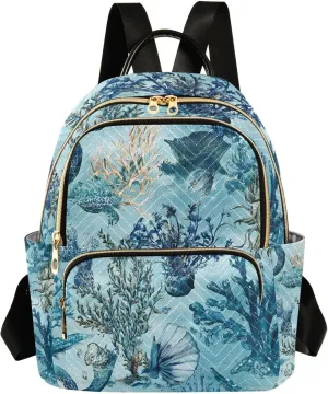 Mini Backpack for Women Blue Seaweed Coral Pattern Small Purse Daypacks Stylish Bags Lightweight Travel Backpacks for College Shopping Work Dating