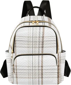 Mini Backpack for Women Brown White Plaid Pattern Small Purse Daypacks Stylish Bags Lightweight Travel Backpacks for College Shopping Work Dating