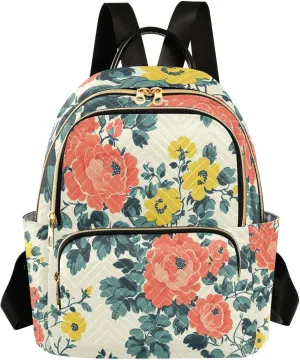 Mini Backpack for Women Coral Flower Pattern Green Leaves Small Purse Daypacks Stylish Bags Lightweight Travel Backpacks for College Shopping Work Dating