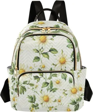 Mini Backpack for Women Daisies with Green Leaves Vintage Flowers Small Purse Daypacks Stylish Bags Lightweight Travel Backpacks for College Shopping Work Dating