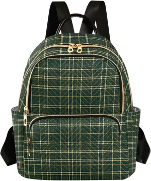 Mini Backpack for Women Dark Green Gold Plaid Pattern Small Purse Daypacks Stylish Bags Lightweight Travel Backpacks for College Shopping Work Dating