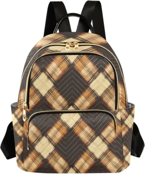 Mini Backpack for Women Diagonal Brown Plaid Pattern Small Purse Daypacks Stylish Bags Lightweight Travel Backpacks for College Shopping Work Dating