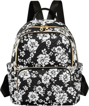 Mini Backpack for Women Flower Black White Leaves Pattern Small Purse Daypacks Stylish Bags Lightweight Travel Backpacks for College Shopping Work Dating