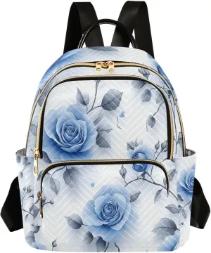 Mini Backpack for Women Flower Blue Grey Leaves Pattern Small Purse Daypacks Stylish Bags Lightweight Travel Backpacks for College Shopping Work Dating