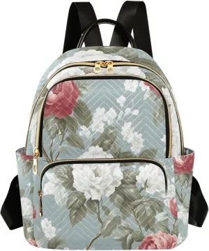 Mini Backpack for Women Flower Pink White Leaves Pattern Small Purse Daypacks Stylish Bags Lightweight Travel Backpacks for College Shopping Work Dating