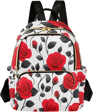 Mini Backpack for Women Flower Red Rose Pattern Small Purse Daypacks Stylish Bags Lightweight Travel Backpacks for College Shopping Work Dating