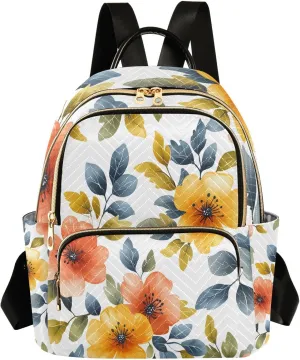 Mini Backpack for Women Flowers Pattern Yellow Pink Leaves Small Purse Daypacks Stylish Bags Lightweight Travel Backpacks for College Shopping Work Dating