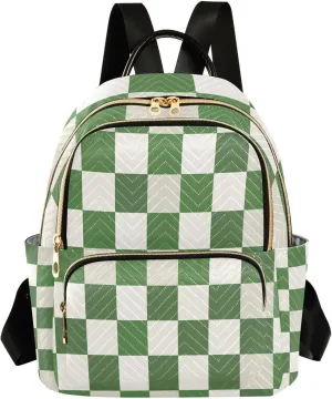 Mini Backpack for Women Green and White Checkered Small Purse Daypacks Stylish Bags Lightweight Travel Backpacks for College Shopping Work Dating