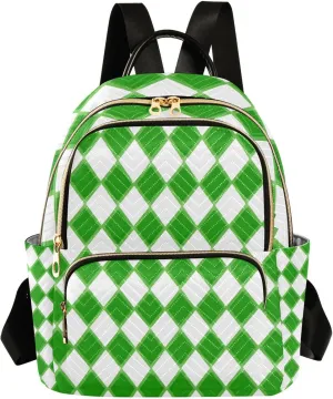 Mini Backpack for Women Green Plaid Checkered White Pattern Small Purse Daypacks Stylish Bags Lightweight Travel Backpacks for College Shopping Work Dating