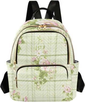 Mini Backpack for Women Green Plaid Florals Pattern Small Purse Daypacks Stylish Bags Lightweight Travel Backpacks for College Shopping Work Dating