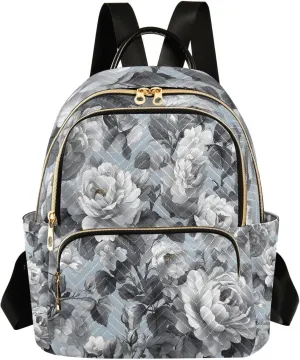 Mini Backpack for Women Grey Black Flower Pattern Small Purse Daypacks Stylish Bags Lightweight Travel Backpacks for College Shopping Work Dating