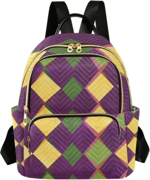Mini Backpack for Women Mardi Gras Green Yellow Checked Small Purse Daypacks Stylish Bags Lightweight Travel Backpacks for College Shopping Work Dating