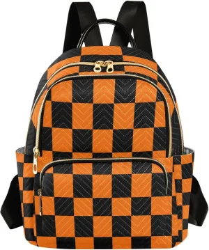 Mini Backpack for Women Orange and Black Checkered Pattern Small Purse Daypacks Stylish Bags Lightweight Travel Backpacks for College Shopping Work Dating