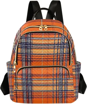 Mini Backpack for Women Orange Navy Plaid Pattern Small Purse Daypacks Stylish Bags Lightweight Travel Backpacks for College Shopping Work Dating