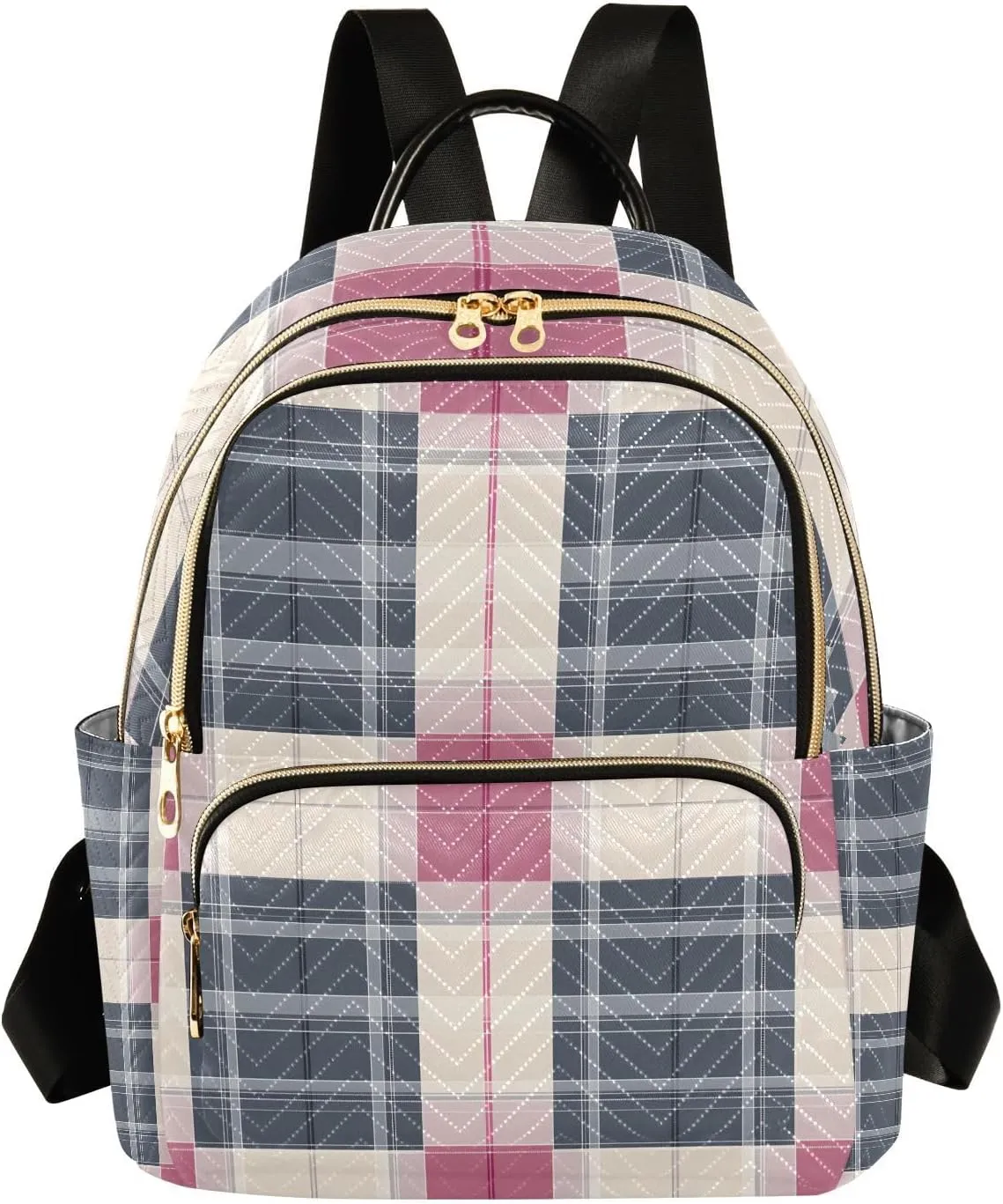 Mini Backpack for Women Pink Grey Plaid Pattern Small Purse Daypacks Stylish Bags Lightweight Travel Backpacks for College Shopping Work Dating