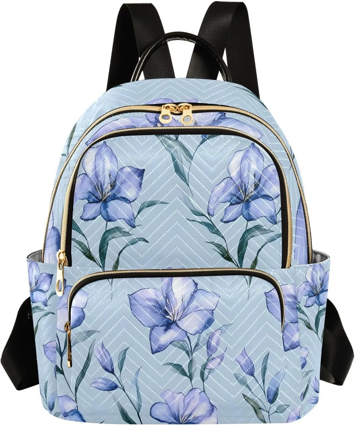 Mini Backpack for Women Purple Blue Flowers Pattern Leaves Small Purse Daypacks Stylish Bags Lightweight Travel Backpacks for College Shopping Work Dating