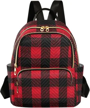 Mini Backpack for Women Red Black Checkered Pattern Small Purse Daypacks Stylish Bags Lightweight Travel Backpacks for College Shopping Work Dating