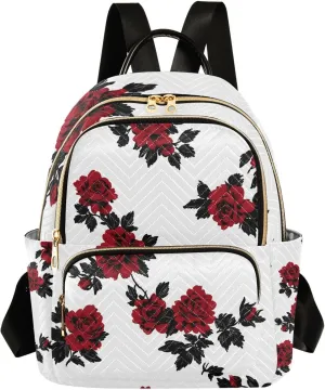 Mini Backpack for Women Red Flower Rose Black Leaves Pattern Small Purse Daypacks Stylish Bags Lightweight Travel Backpacks for College Shopping Work Dating