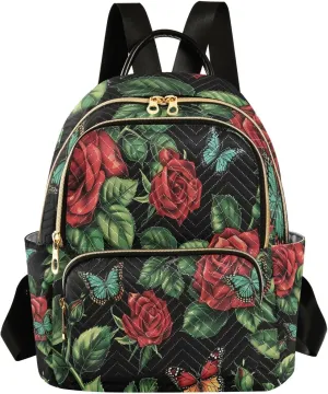 Mini Backpack for Women Red Rose Butterfly Pattern Small Purse Daypacks Stylish Bags Lightweight Travel Backpacks for College Shopping Work Dating