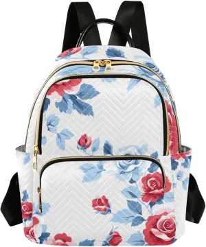 Mini Backpack for Women Red White Flower Pattern Small Purse Daypacks Stylish Bags Lightweight Travel Backpacks for College Shopping Work Dating