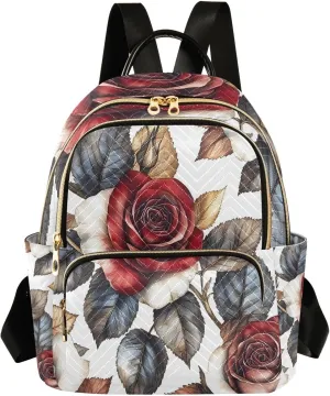 Mini Backpack for Women Retro Red Floral Rose Leaves Small Purse Daypacks Stylish Bags Lightweight Travel Backpacks for College Shopping Work Dating