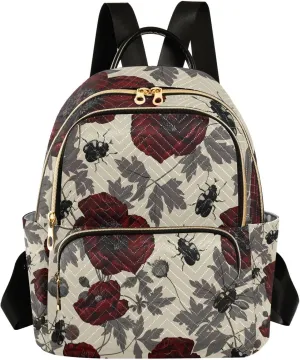 Mini Backpack for Women Rose Beetle Pattern Beige Small Purse Daypacks Stylish Bags Lightweight Travel Backpacks for College Shopping Work Dating