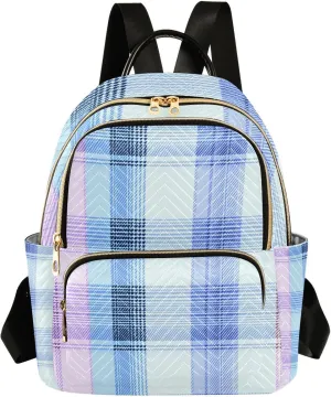 Mini Backpack for Women Soft Blue Plaid Pattern Purple Small Purse Daypacks Stylish Bags Lightweight Travel Backpacks for College Shopping Work Dating