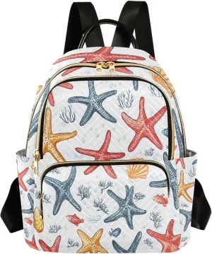 Mini Backpack for Women Starfish Shell Fish Pattern Coral Small Purse Daypacks Stylish Bags Lightweight Travel Backpacks for College Shopping Work Dating