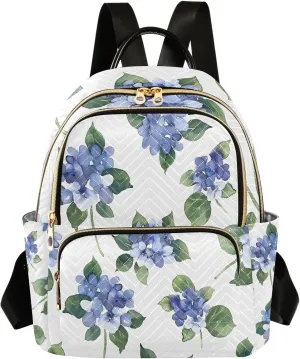 Mini Backpack for Women Watercolor Blue Hydrangeas Pattern Small Purse Daypacks Stylish Bags Lightweight Travel Backpacks for College Shopping Work Dating
