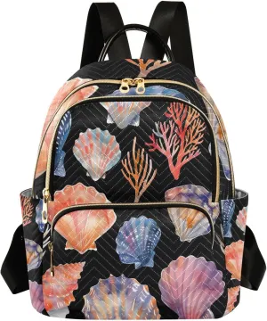 Mini Backpack for Women Watercolor Seashell Corals Black Small Purse Daypacks Stylish Bags Lightweight Travel Backpacks for College Shopping Work Dating