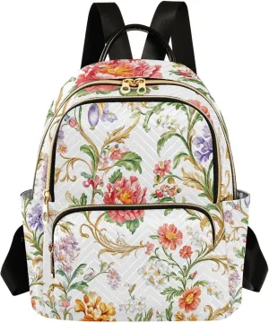 Mini Backpack for Women White Colorful Flowers Pattern Small Purse Daypacks Stylish Bags Lightweight Travel Backpacks for College Shopping Work Dating